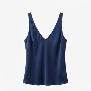 Milio Milano Navy Satin Cami Top Silky Draped V-Neck Elevated Basic L